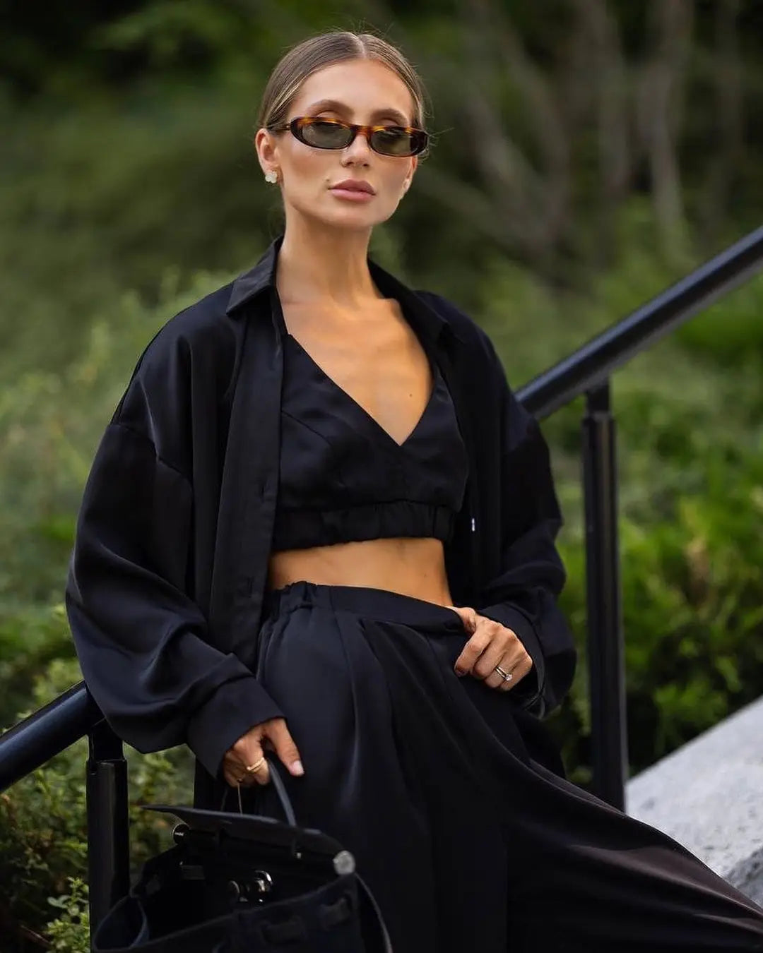 Sexy Loose Silk 3 Piece Sets Women Outfit Fashion Long Sleeve Shirts Bra With High Waist Wide Pants Set Lady Outfit 2025