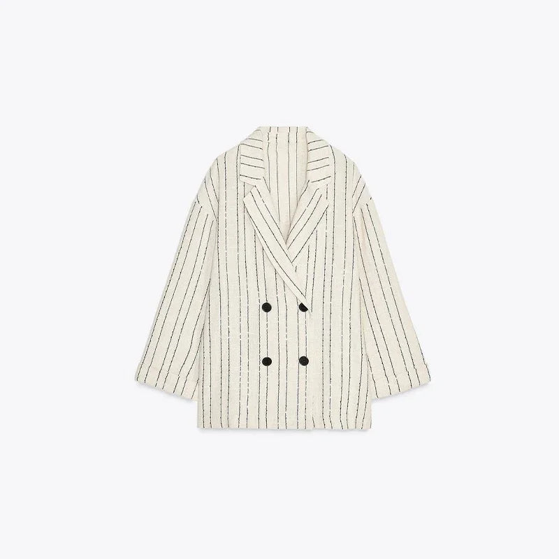 Classic Striped Blazer Trouser Suit Women Double Breasted Lapel Full Sleeve Jacket Loose Straight Pant 2025 Office Lady Outfit