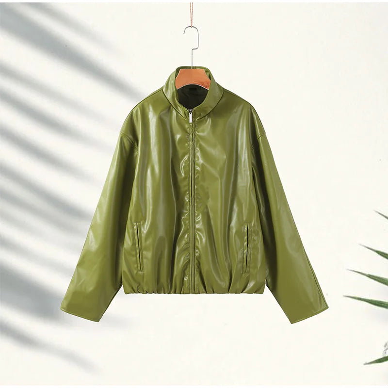 Y2K Pu Leather Women Skirt Set Street Solid Long Sleeve Stand Zippers Jacket Split Skirts 2025 Autumn Fashion Lady Outfit