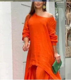 2 Piece Women Set African Clothes Women Outfits Cotton Linen Suit Long-Sleeved Top Pants Oversize Trousers Casual Party Set 2024