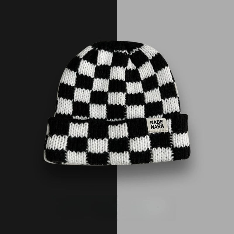 Fashion Vintage Chessboard Plaid Knitted Hat Women Winter New Big Size Hat Warm Beanies Green Red Xmas Christmas Hat