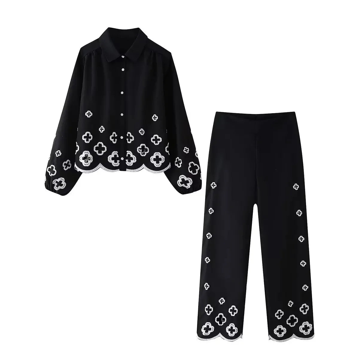 KONDALA Y2K Pu Leather Women Skirt Set Solid Black Embroidery Single Breasted Shirts Loose Long Pants Fashion 2025 Autumn Sets