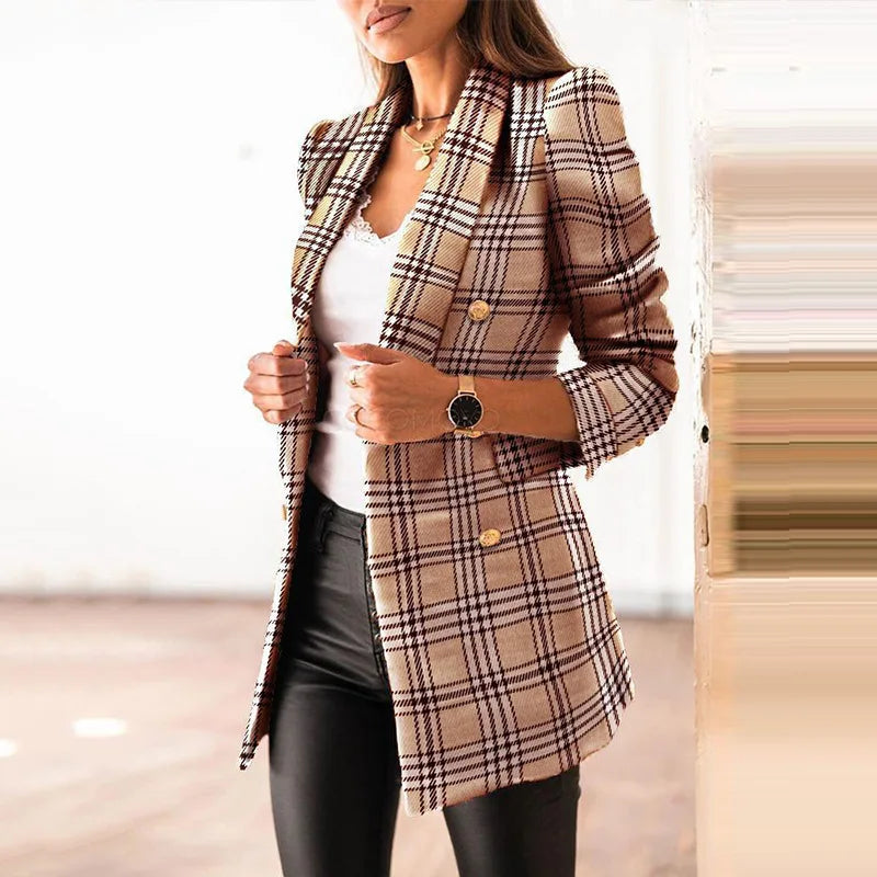 Women Jacket Autumn 2024 Fashion Double Breasted Tweed Blazer Coat Vintage Long Sleeve Female Outerwear Chic Top Casual Blazer