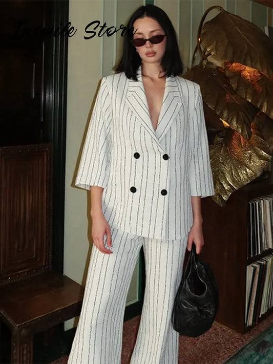 Classic Striped Blazer Trouser Suit Women Double Breasted Lapel  Full Sleeve Jacket Loose Straight Pant 2025 Office Lady Outfit