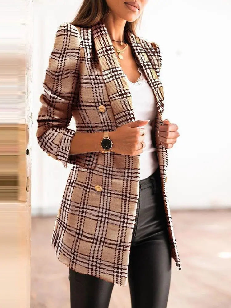 Women Jacket Autumn 2024 Fashion Double Breasted Tweed Blazer Coat Vintage Long Sleeve Female Outerwear Chic Top Casual Blazer