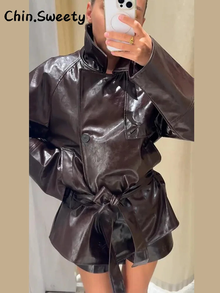 Chic Women's Stand Collar Leather Jacket Shorts Sets With Belt Full Sleeve Double Breasted Coat Short Pant 2025 Autumn Lady Suit