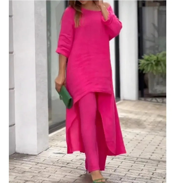 2 Piece Women Set African Clothes Women Outfits Cotton Linen Suit Long-Sleeved Top Pants Oversize Trousers Casual Party Set 2024