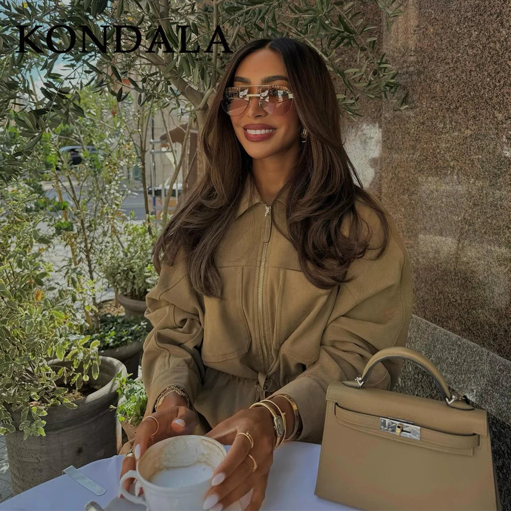 KONDALA 2025 Fall Winter Streetwear Solid Women Lace Up Suits Fashion Elegant Turndown Collar Zip Up Jackets Chic Wide Leg Pants