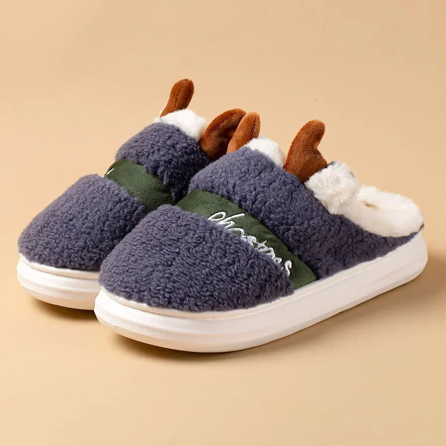 Thick Sole Christmas Deer Slippers Women Indoor Warm Slippers Men Soft Plush Home Floor Shoes Winter Platform Shoes Gifts 2024