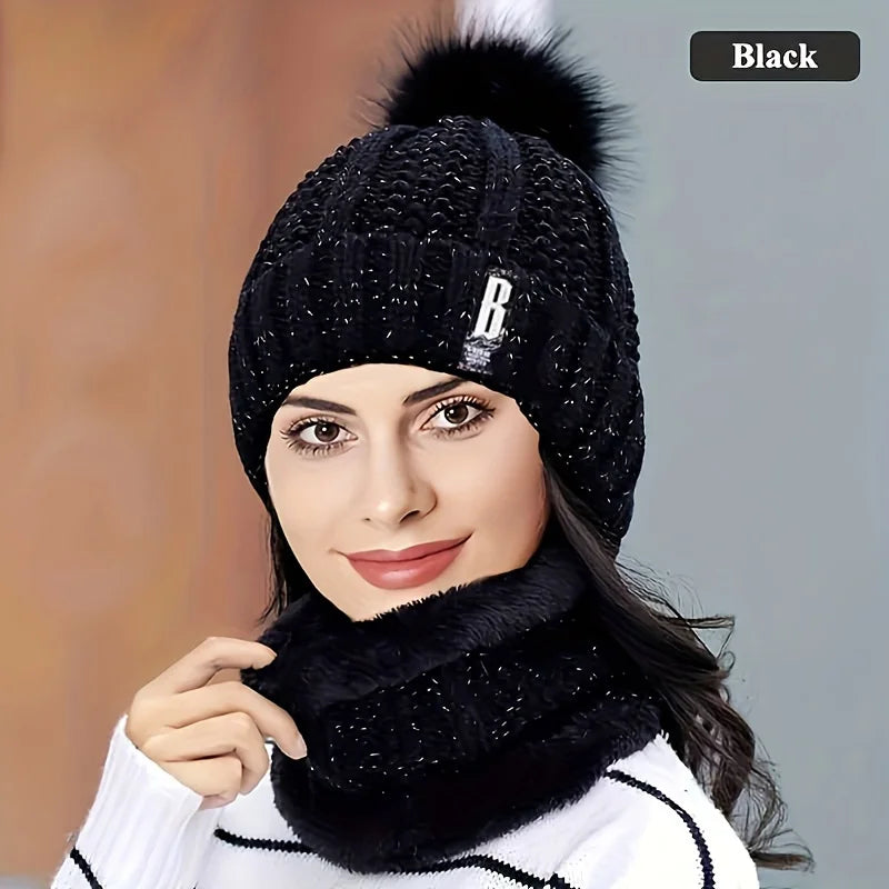 2-piece Winter Warm Windproof Thick Plush Windproof Warm Casual Hat with Scarf