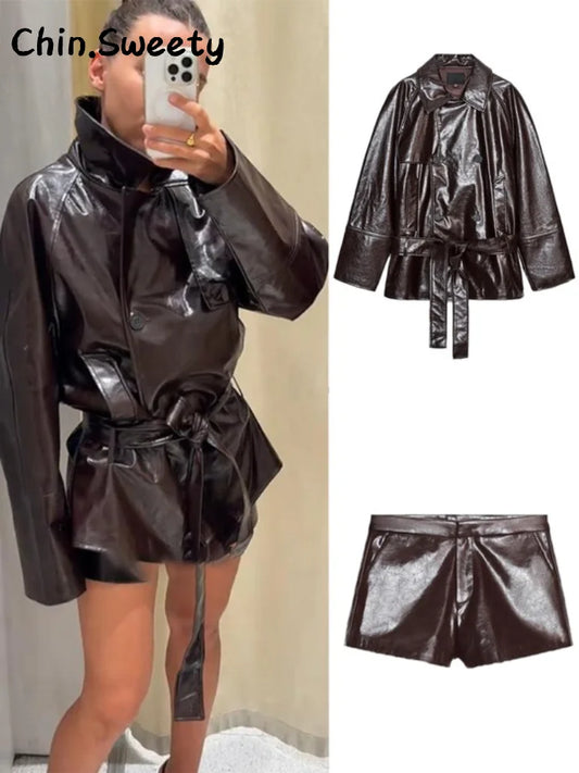 Chic Women's Stand Collar Leather Jacket Shorts Sets With Belt Full Sleeve Double Breasted Coat Short Pant 2025 Autumn Lady Suit