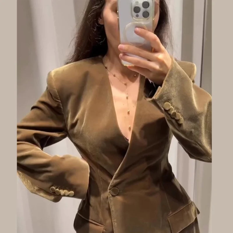 Vlvet Women's Coat Pants Set Turn-down Collar One Button Coats Straight Trousers Female Suit 2025 Autumn Elegant Chic Lady Suits