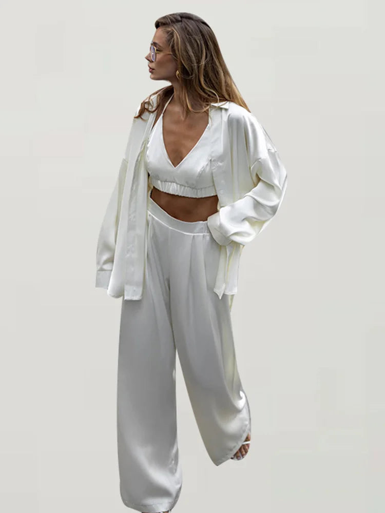 Sexy Loose Silk 3 Piece Sets Women Outfit Fashion Long Sleeve Shirts Bra With High Waist Wide Pants Set Lady Outfit 2025