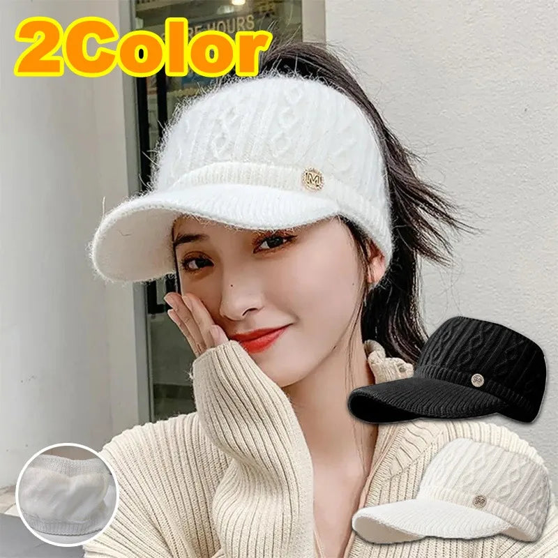 2025Winter Knitted Rabbit Fur Beanie With Visor Ponytail Opening For Women Golf Baseball Outdoor Sports Warm Hat Kpop Style