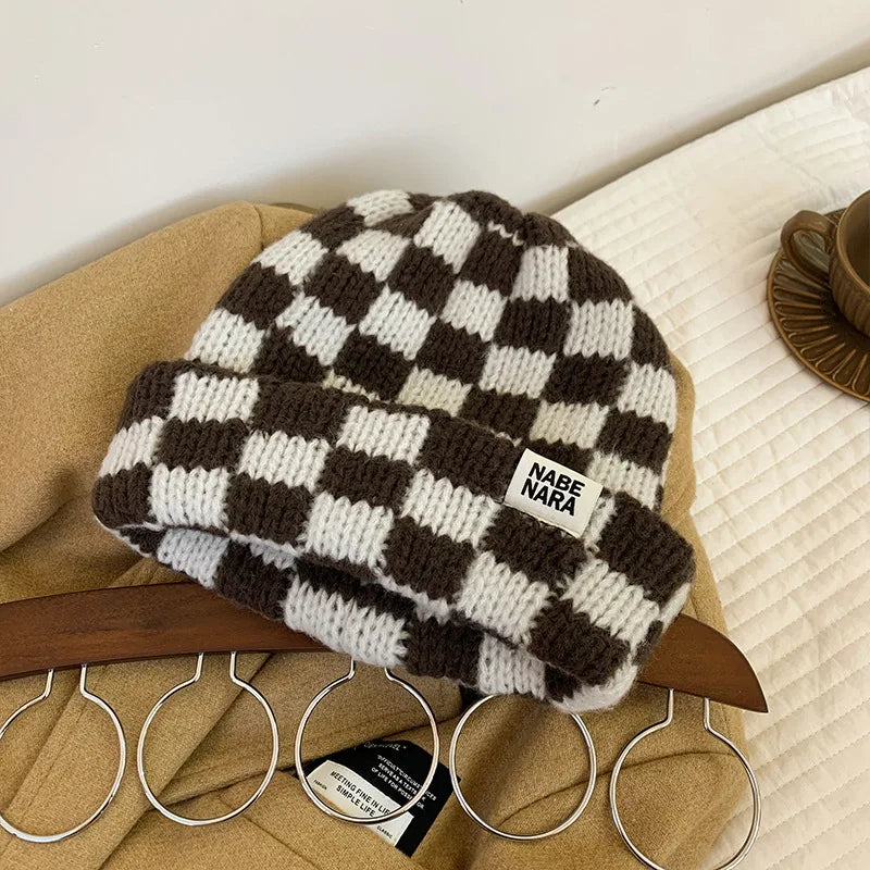 Fashion Vintage Chessboard Plaid Knitted Hat Women Winter New Big Size Hat Warm Beanies Green Red Xmas Christmas Hat