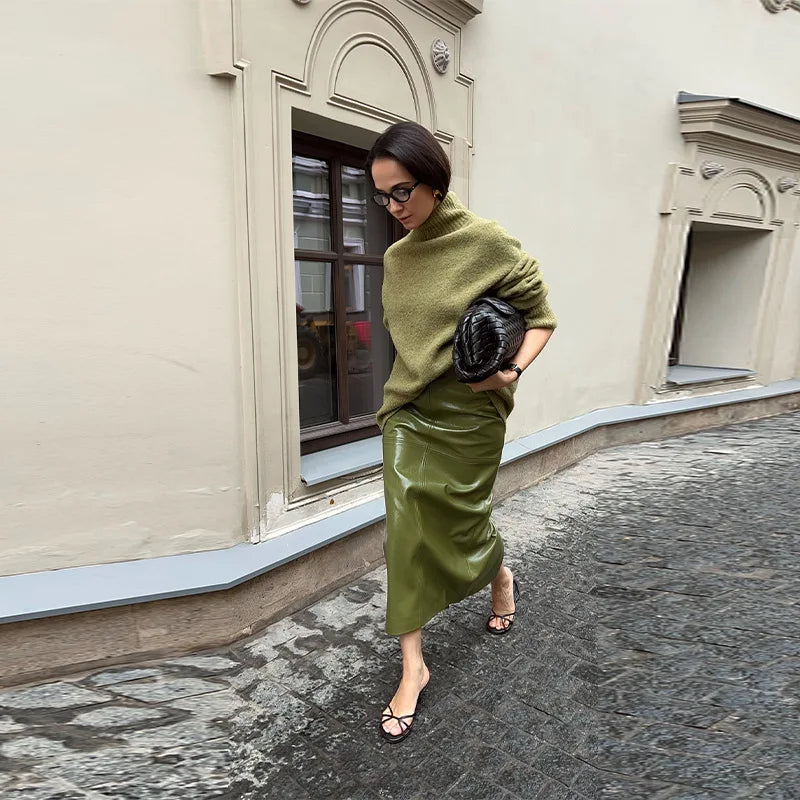 Y2K Pu Leather Women Skirt Set Street Solid Long Sleeve Stand Zippers Jacket Split Skirts 2025 Autumn Fashion Lady Outfit