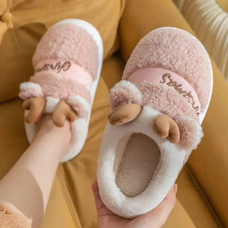 Thick Sole Christmas Deer Slippers Women Indoor Warm Slippers Men Soft Plush Home Floor Shoes Winter Platform Shoes Gifts 2024