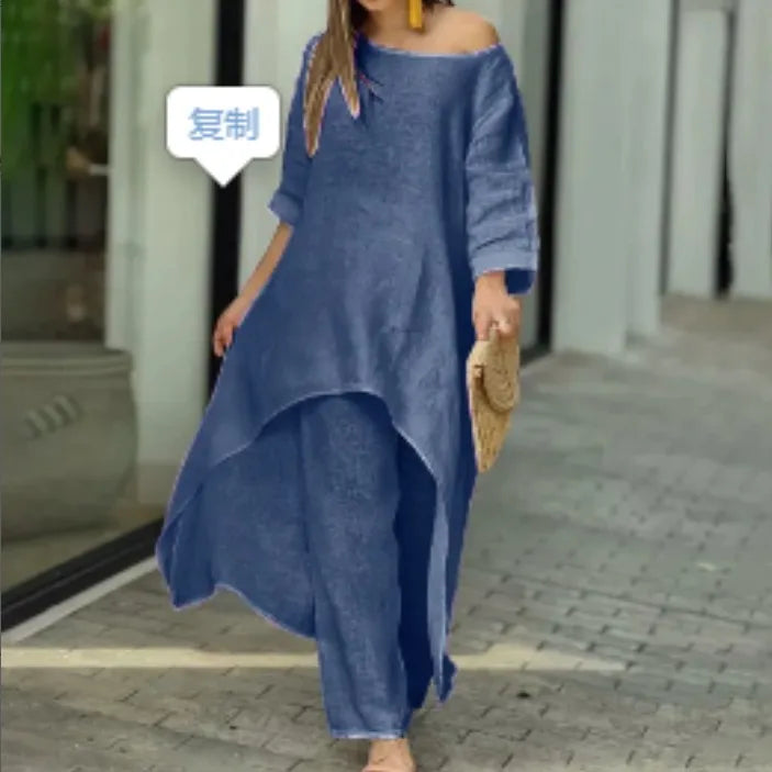 2 Piece Women Set African Clothes Women Outfits Cotton Linen Suit Long-Sleeved Top Pants Oversize Trousers Casual Party Set 2024