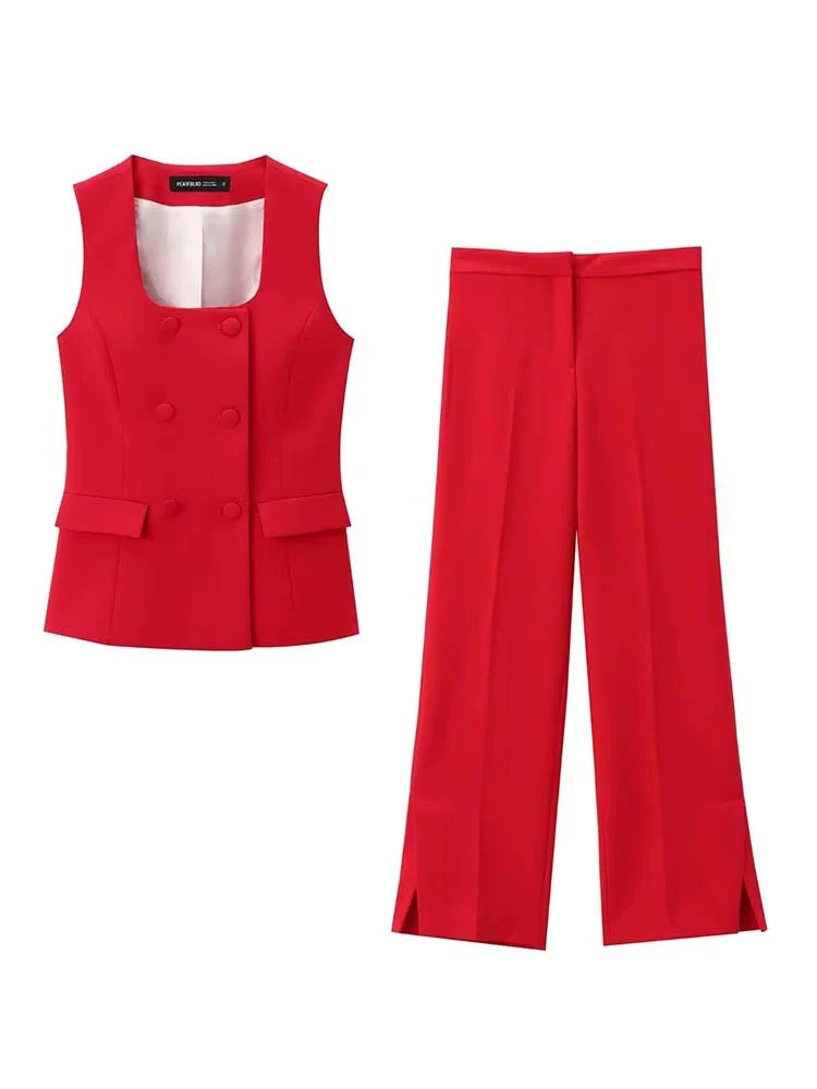 Women 2 Pieces Sets New Fashion Office Vest Top+Split Straight Leg Pants Women's Suit Formal Two Piece Set Women Outfit