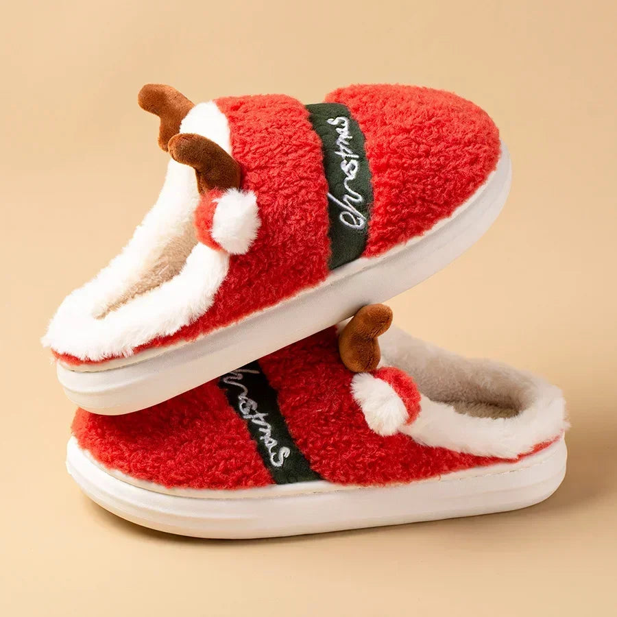 Thick Sole Christmas Deer Slippers Women Indoor Warm Slippers Men Soft Plush Home Floor Shoes Winter Platform Shoes Gifts 2024