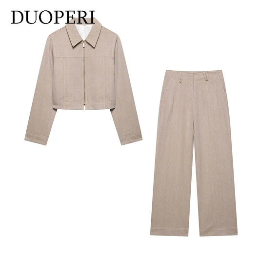 DUOPERI Women Fashion 2 Piece Sets Khaki Long Sleeves Jackets & High Waist Trousers Feamle Chic Lady Casual Pants Sets