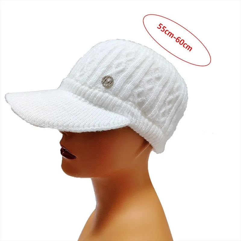 2025Winter Knitted Rabbit Fur Beanie With Visor Ponytail Opening For Women Golf Baseball Outdoor Sports Warm Hat Kpop Style