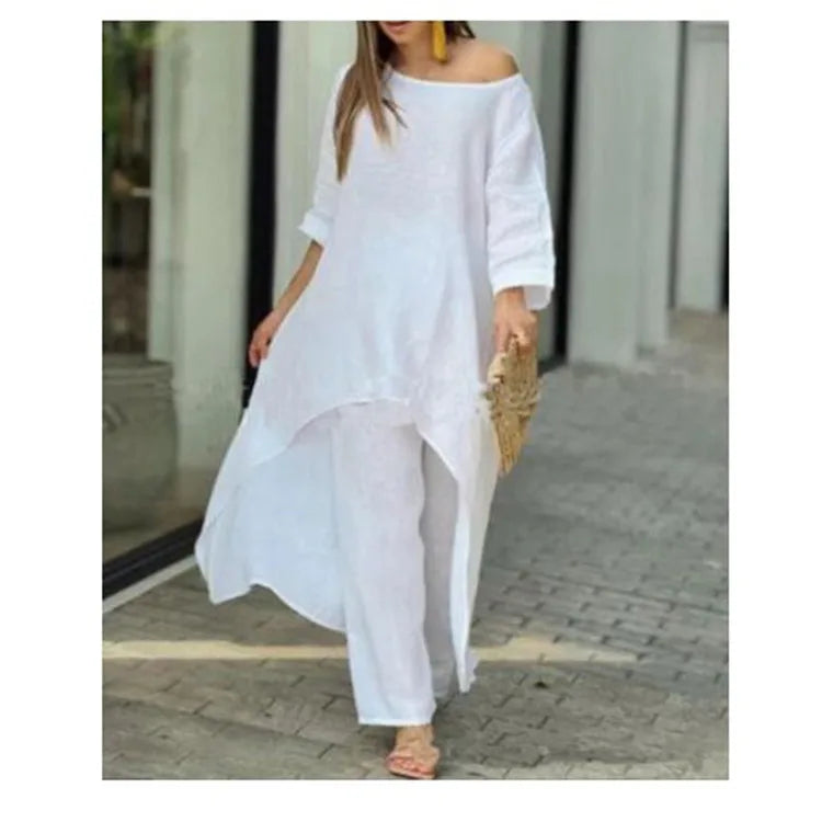 2 Piece Women Set African Clothes Women Outfits Cotton Linen Suit Long-Sleeved Top Pants Oversize Trousers Casual Party Set 2024