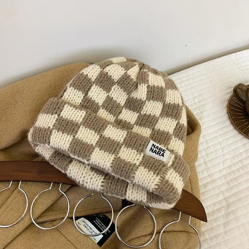Fashion Vintage Chessboard Plaid Knitted Hat Women Winter New Big Size Hat Warm Beanies Green Red Xmas Christmas Hat