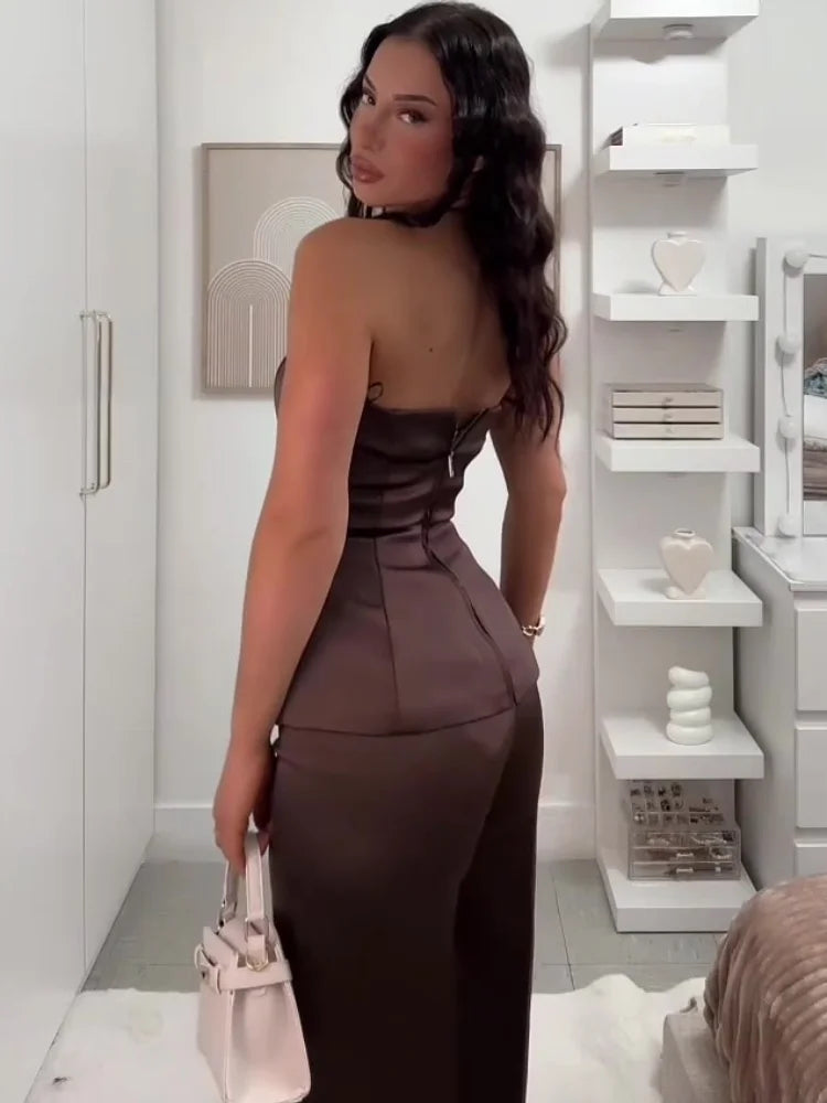 New Satin Long Pants Sets For Women Elegant Strapless Vest Tops Wide Leg Baggy Trousers 2 Pieces Sets Lady Chic Street Outfits