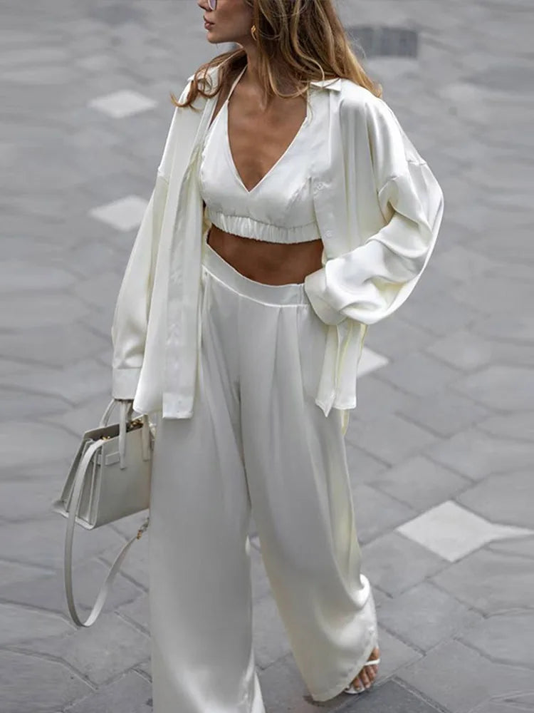 Sexy Loose Silk 3 Piece Sets Women Outfit Fashion Long Sleeve Shirts Bra With High Waist Wide Pants Set Lady Outfit 2025