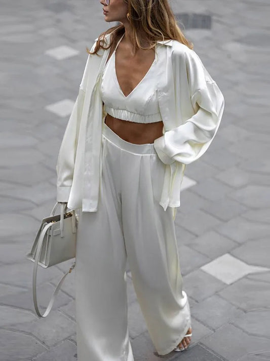 Sexy Loose Silk 3 Piece Sets Women Outfit Fashion Long Sleeve Shirts Bra With High Waist Wide Pants Set Lady Outfit 2025