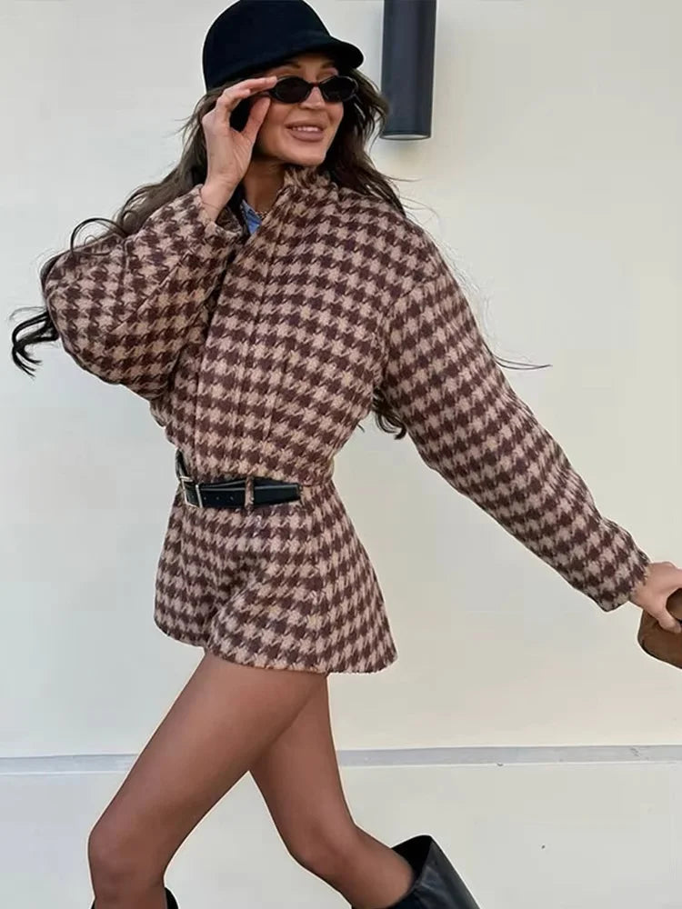 Cozy Grid Pattern Women Shorts Sets Lapel Long Sleeve Loose Single Breasted Ruffle Tops High Waist Pants New Fashion Outerwear