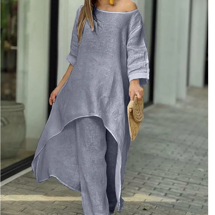 2 Piece Women Set African Clothes Women Outfits Cotton Linen Suit Long-Sleeved Top Pants Oversize Trousers Casual Party Set 2024