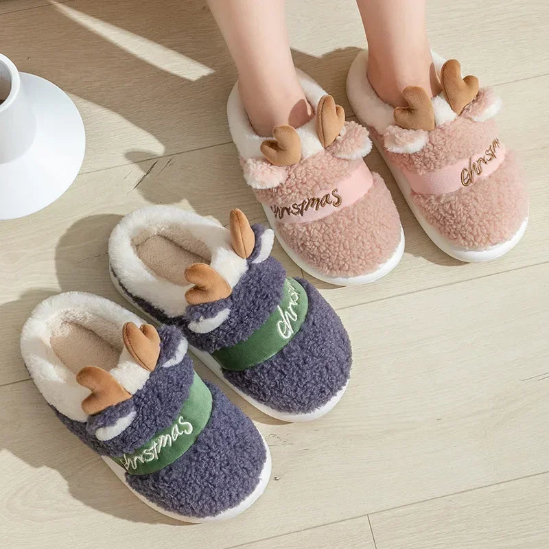 Thick Sole Christmas Deer Slippers Women Indoor Warm Slippers Men Soft Plush Home Floor Shoes Winter Platform Shoes Gifts 2024