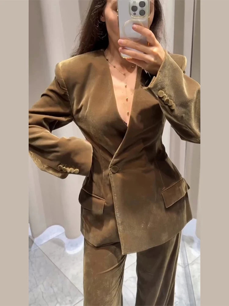 Vlvet Women's Coat Pants Set Turn-down Collar One Button Coats Straight Trousers Female Suit 2025 Autumn Elegant Chic Lady Suits