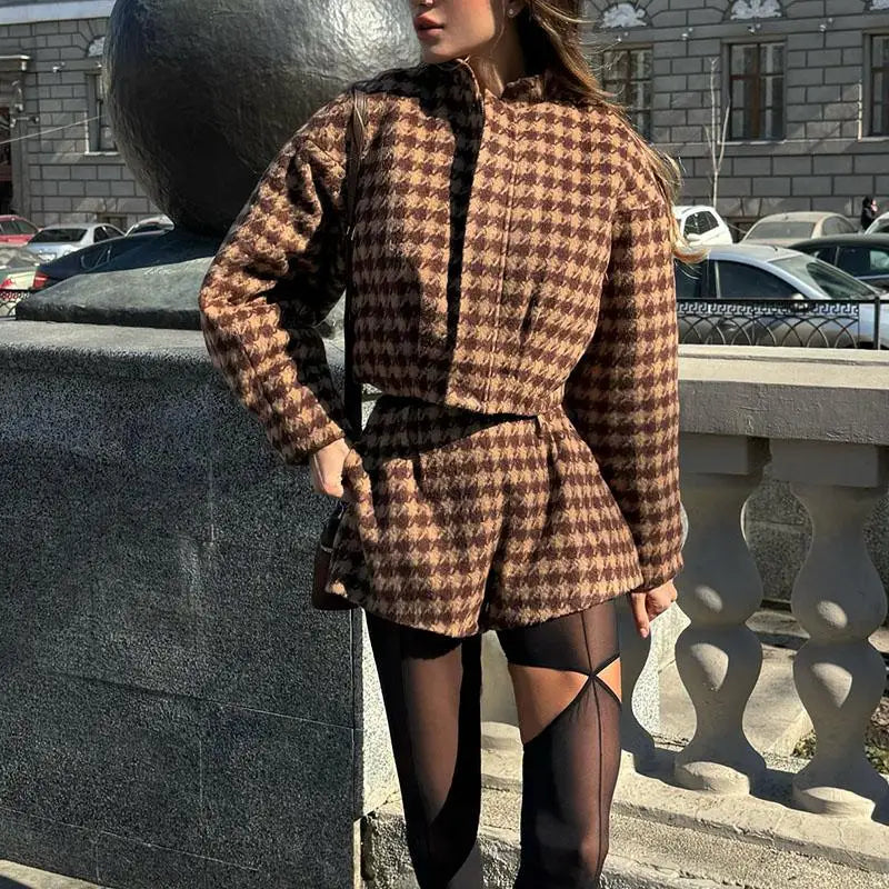 Cozy Grid Pattern Women Shorts Sets Lapel Long Sleeve Loose Single Breasted Ruffle Tops High Waist Pants New Fashion Outerwear