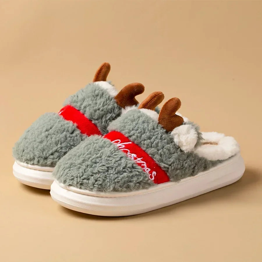 Thick Sole Christmas Deer Slippers Women Indoor Warm Slippers Men Soft Plush Home Floor Shoes Winter Platform Shoes Gifts 2024