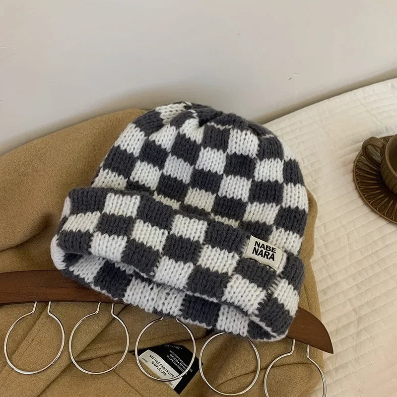 Fashion Vintage Chessboard Plaid Knitted Hat Women Winter New Big Size Hat Warm Beanies Green Red Xmas Christmas Hat