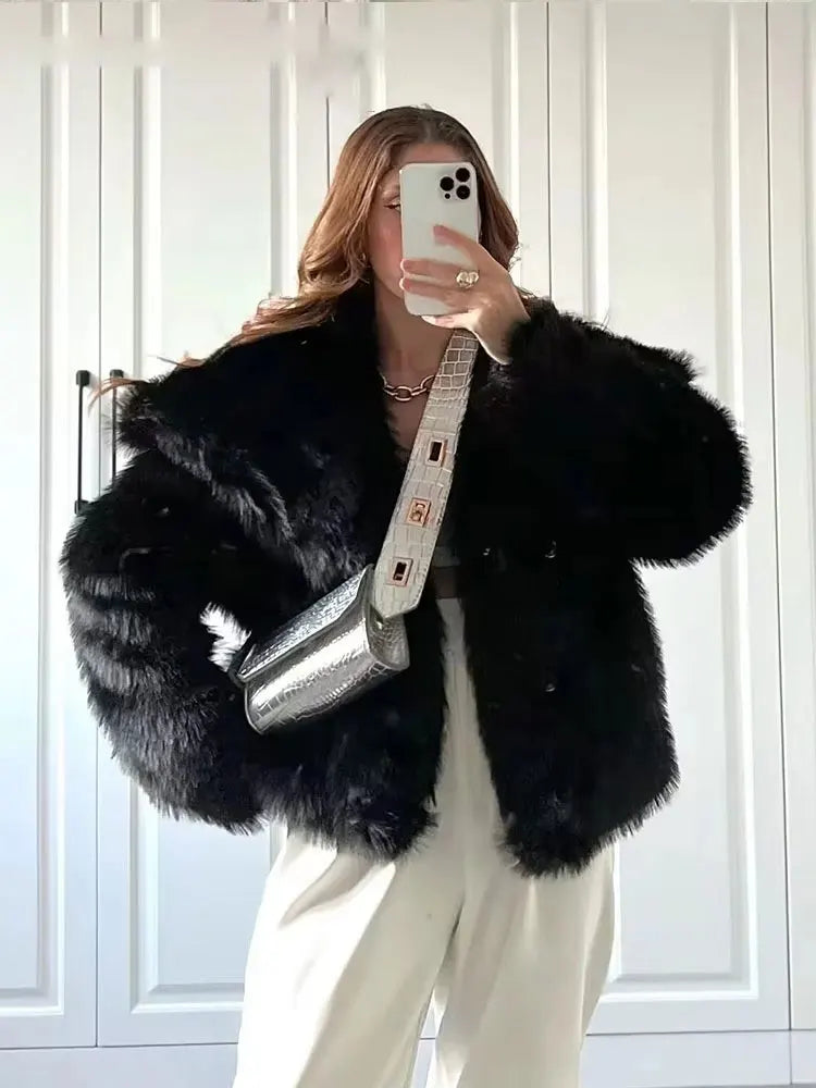 HH Women Elegant Faux Fur Coat Warm Fluffy Loose Long Sleeve Lapel Jacket Autumn Winter Fashion High Street Lady Outerwear