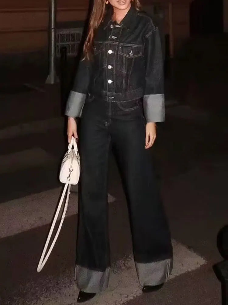 HH 2024 Autumn Female Vintage Denim Suit Long Sleeve Single Breasted Lapel Coat+High Waist Wide Leg Jeans Street Fashion Set