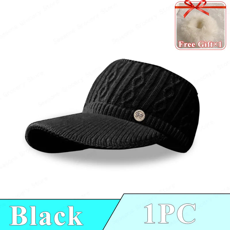 2025Winter Knitted Rabbit Fur Beanie With Visor Ponytail Opening For Women Golf Baseball Outdoor Sports Warm Hat Kpop Style