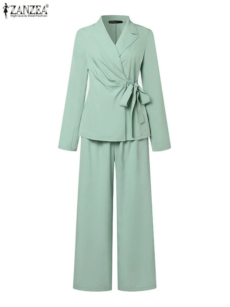 ZANZEA Autumn 2pcs Office Women Matching Sets Solid Work OL Blazer Suits Fashion Long Sleeve Shirt Wide Leg Pant Sets Outfits