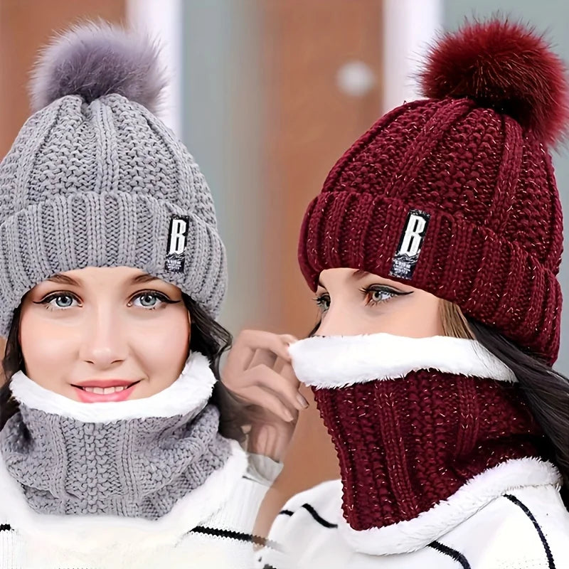 2-piece Winter Warm Windproof Thick Plush Windproof Warm Casual Hat with Scarf
