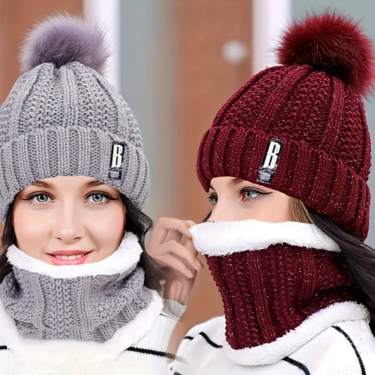 2-piece Winter Warm Windproof Thick Plush Windproof Warm Casual Hat with Scarf