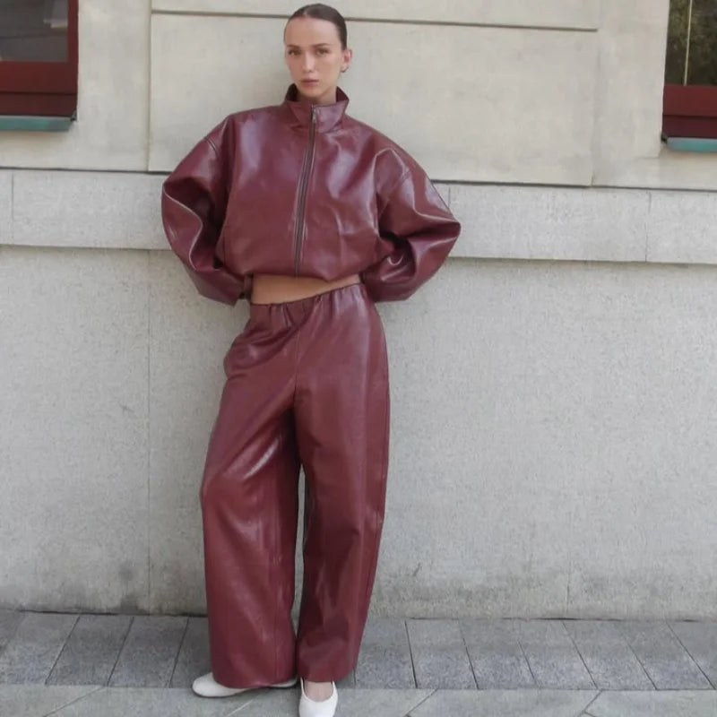 Y2K Pu Leather Women Skirt Set Street Solid Long Sleeve Stand Zippers Jacket Split Skirts 2025 Autumn Fashion Lady Outfit