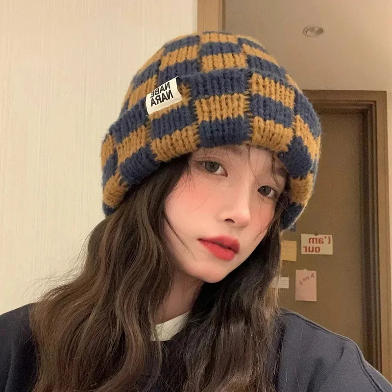 Fashion Vintage Chessboard Plaid Knitted Hat Women Winter New Big Size Hat Warm Beanies Green Red Xmas Christmas Hat