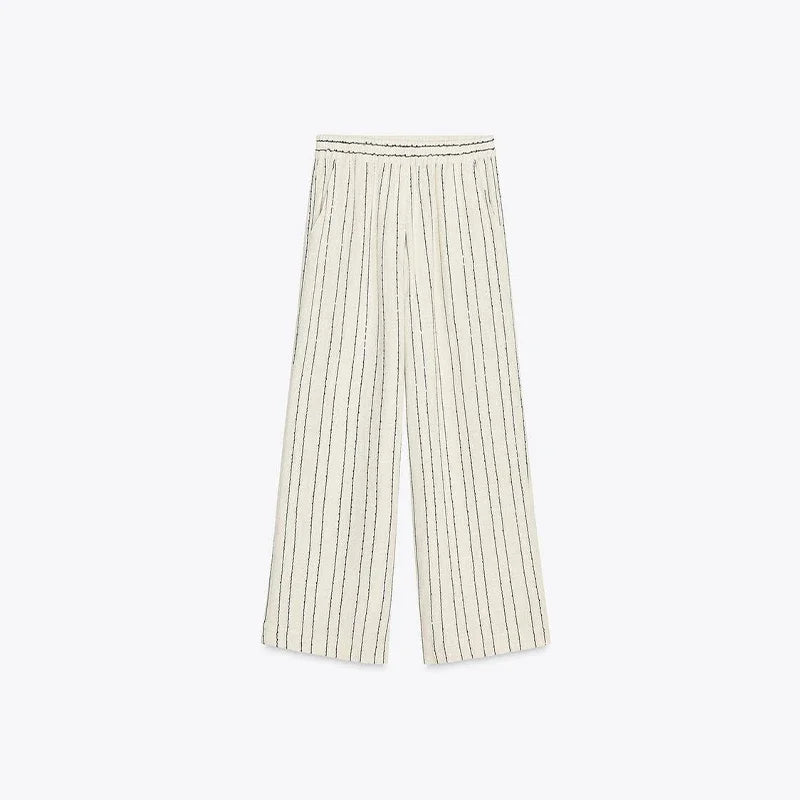 Classic Striped Blazer Trouser Suit Women Double Breasted Lapel  Full Sleeve Jacket Loose Straight Pant 2025 Office Lady Outfit