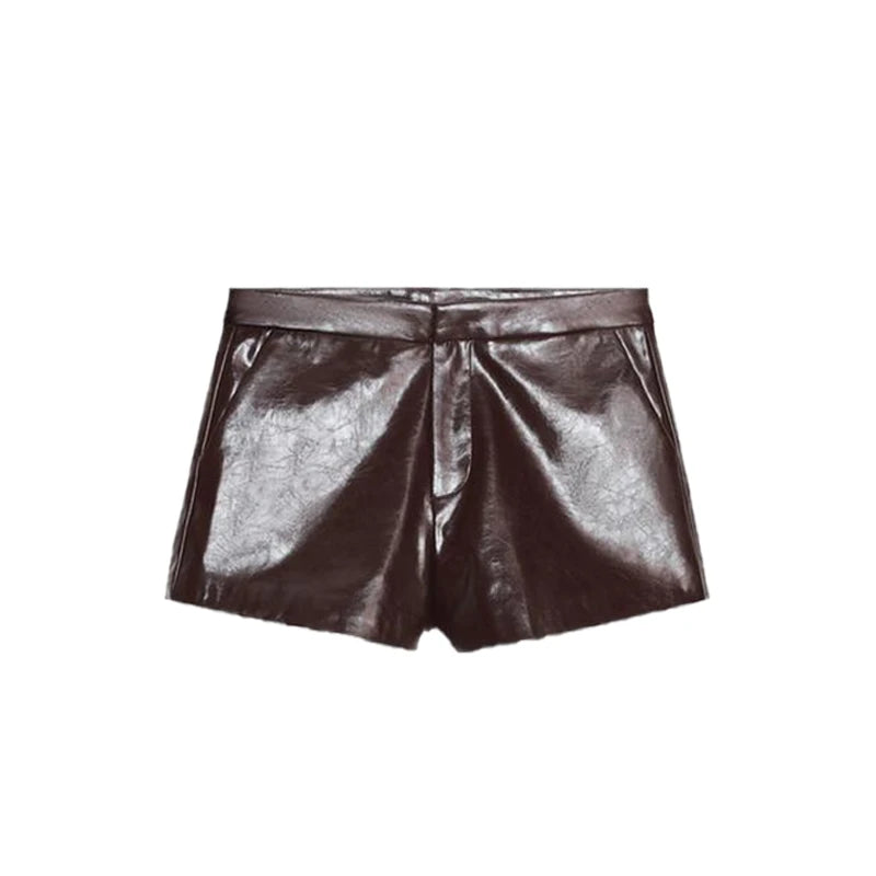 Chic Women's Stand Collar Leather Jacket Shorts Sets With Belt Full Sleeve Double Breasted Coat Short Pant 2025 Autumn Lady Suit