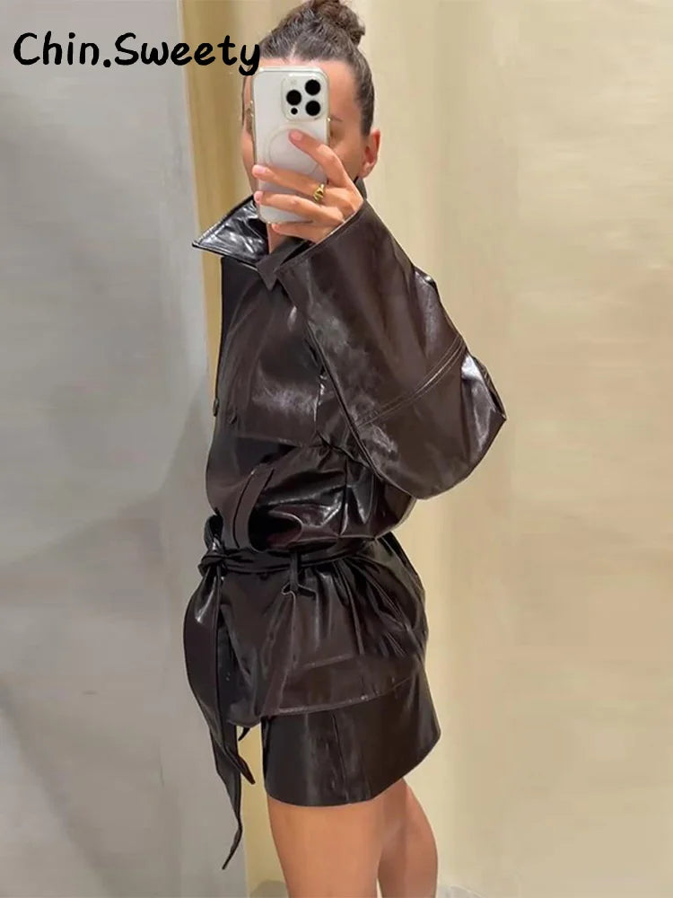 Chic Women's Stand Collar Leather Jacket Shorts Sets With Belt Full Sleeve Double Breasted Coat Short Pant 2025 Autumn Lady Suit