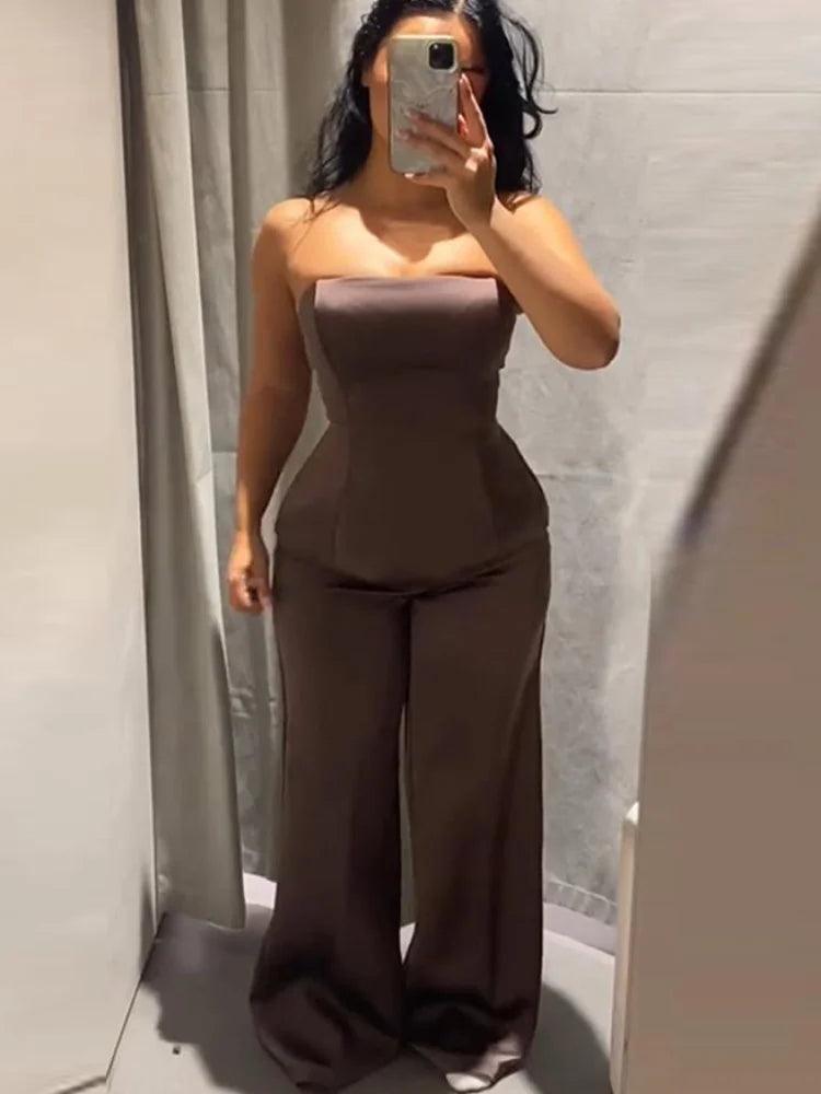 New Satin Long Pants Sets For Women Elegant Strapless Vest Tops Wide Leg Baggy Trousers 2 Pieces Sets Lady Chic Street Outfits